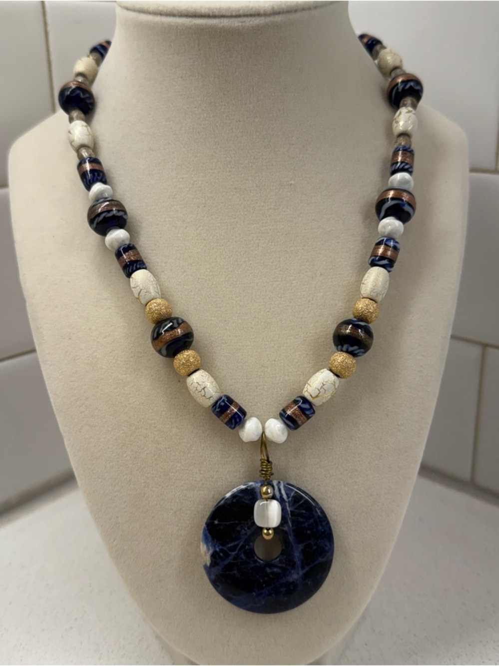 Sodalite Pi Stone Necklace with Lampwork Glass Beads